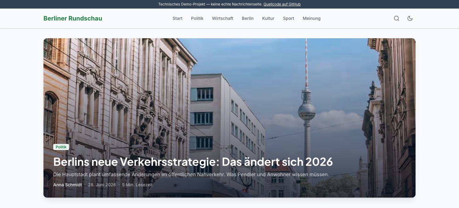 Berliner Rundschau — Startseite mit Artikeln, Navigation und Dark-Mode-Design